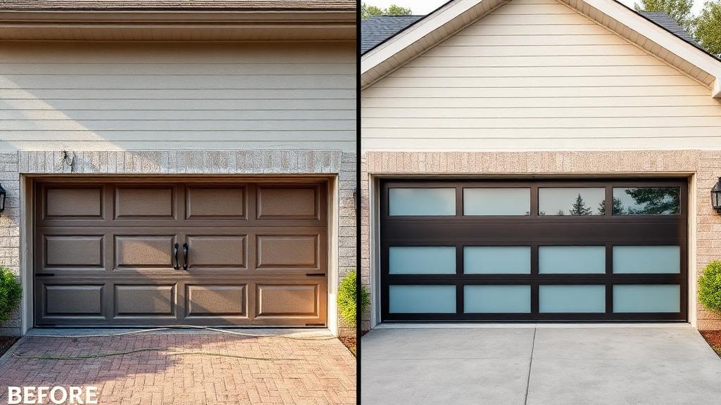 Before and after garage door installation showing transformation from old to modern steel door with frosted glass